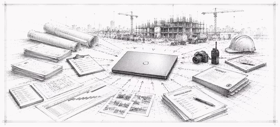Sketch of construction site with laptop surrounded by plans, reports, camera, radio, helmet, and clipboard.