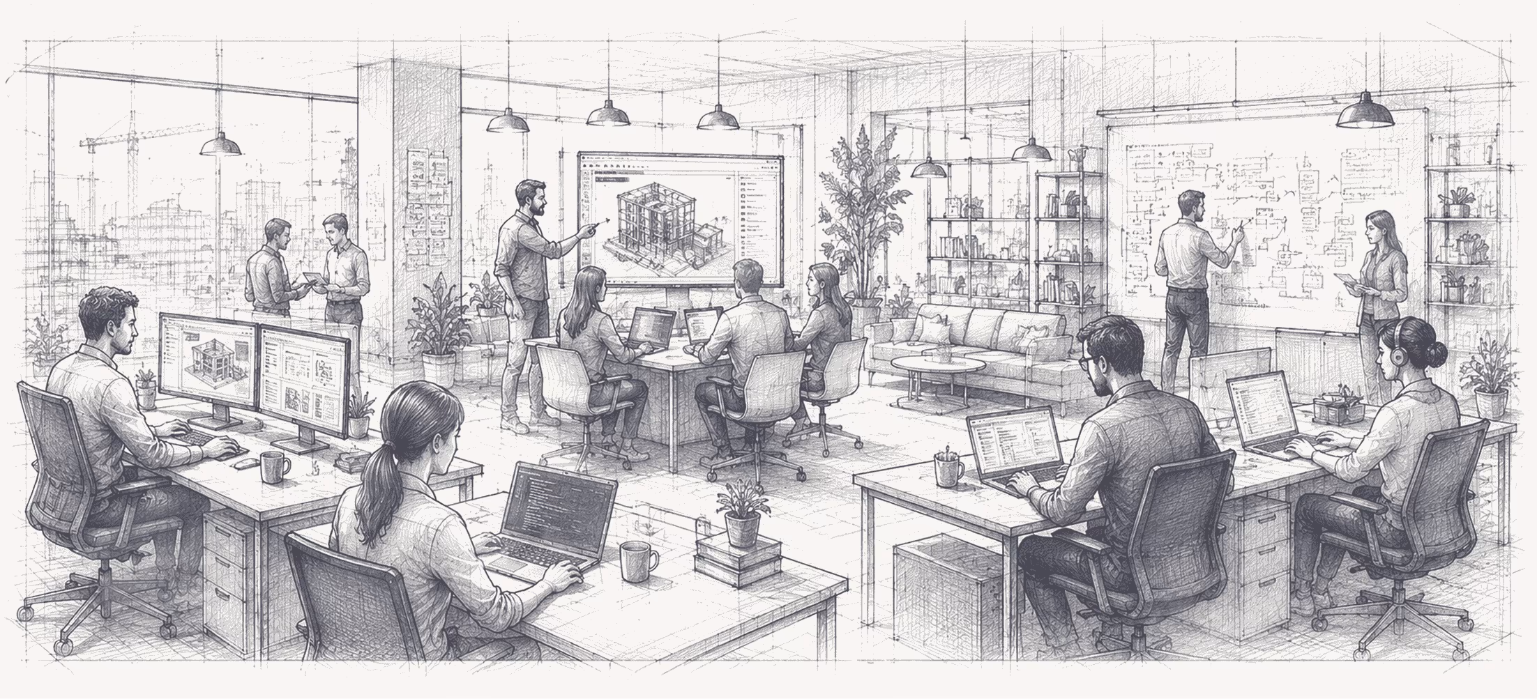 Pencil sketch of an office with people working on laptops, discussing, and presenting designs and plans.