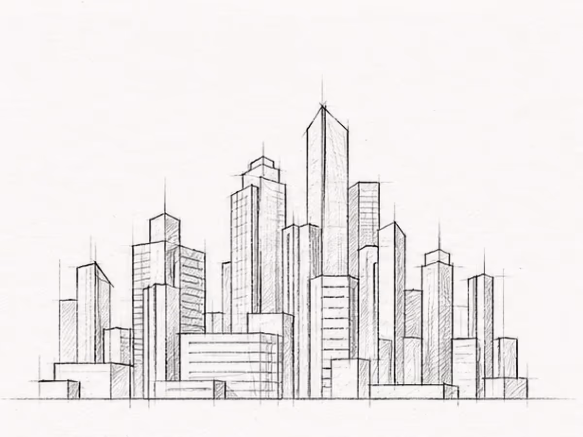Black and white sketch of a city skyline with multiple tall buildings and skyscrapers.