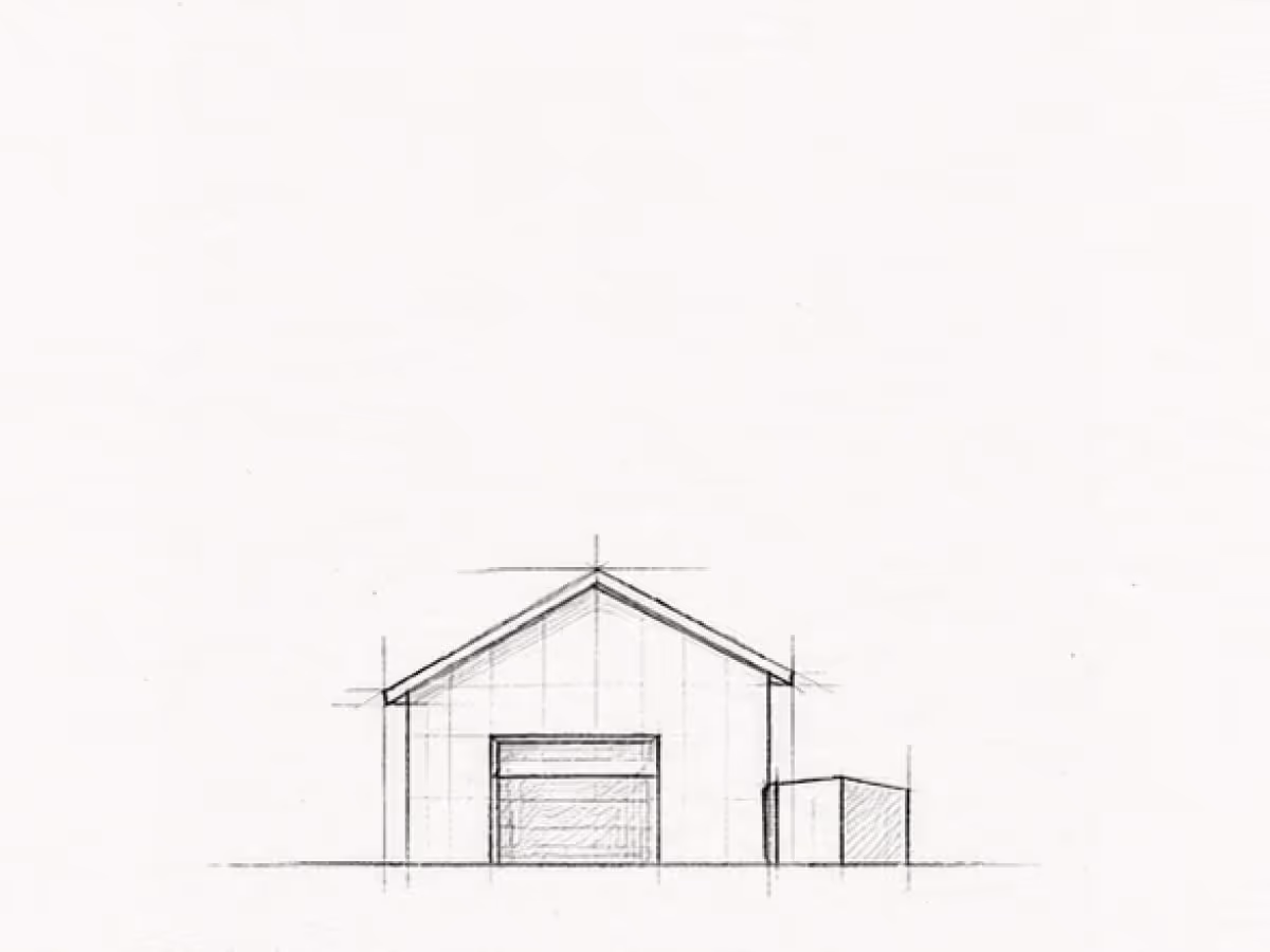 Simple architectural sketch of a small building with a pitched roof and a large front door.