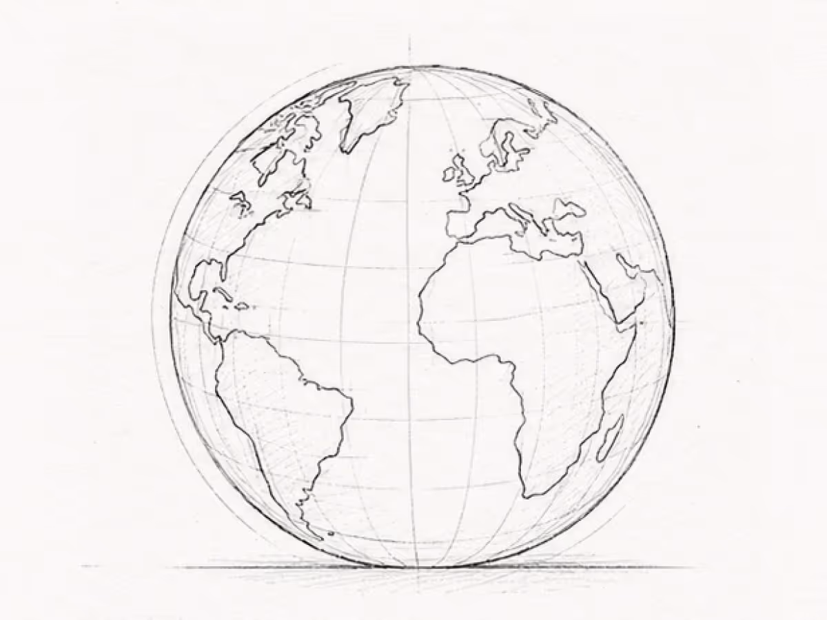 Black and white sketch of Earth showing continents Europe, Africa, and the Americas with latitude lines.