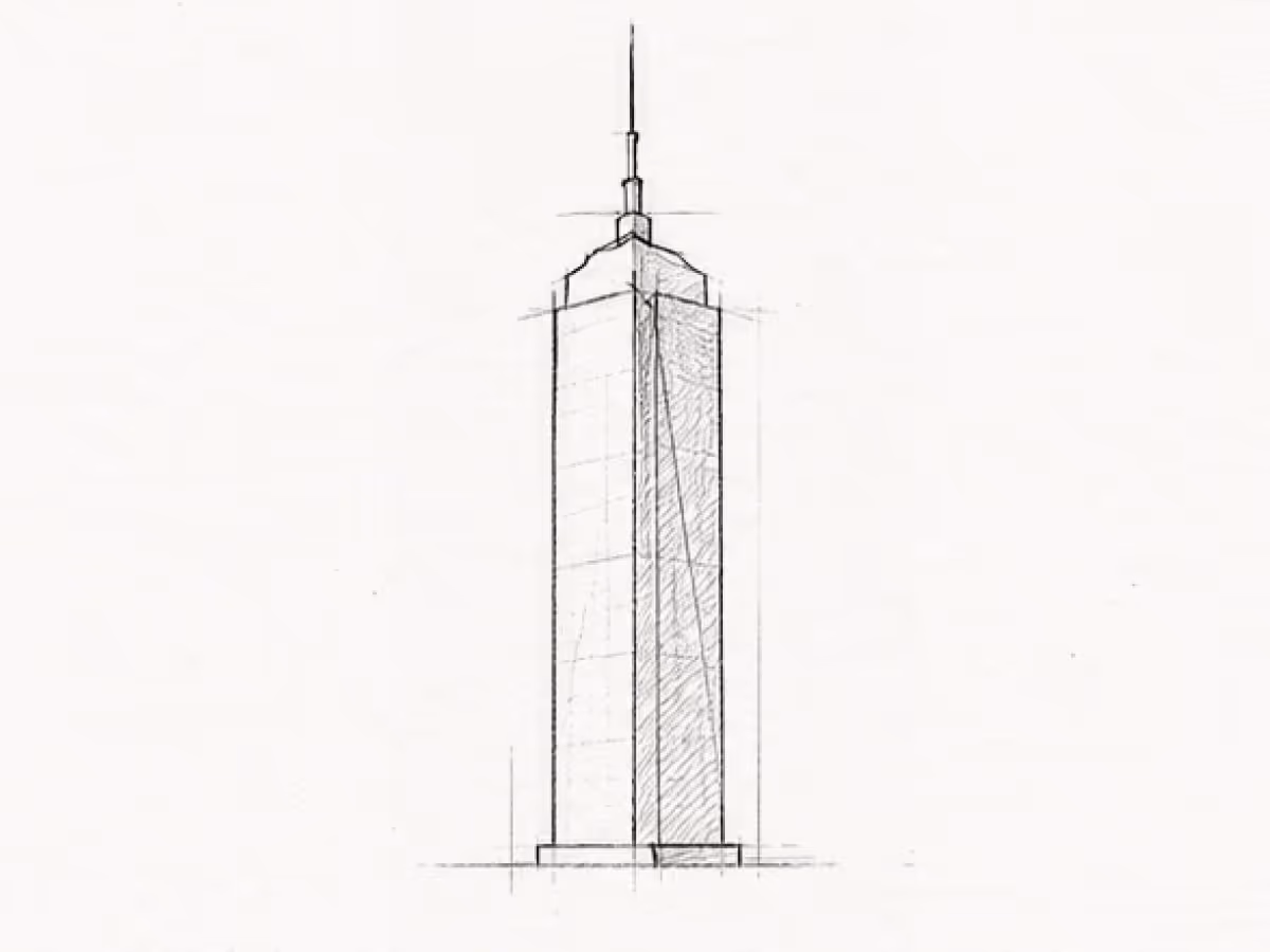 Sketched black and white drawing of a tall modern skyscraper with a spire on top.