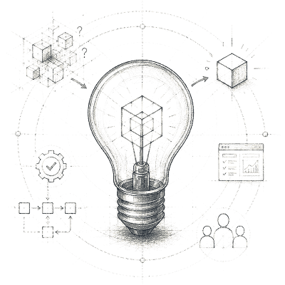Sketch of a light bulb with tech and digital icons like cubes, charts, gears, and network symbols around it.