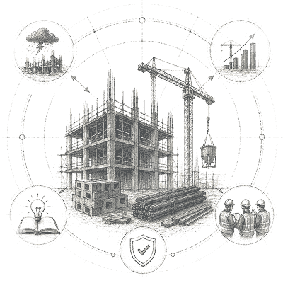 Sketch of a building under construction with crane, surrounded by icons of weather, growth, ideas, teamwork, and safety.