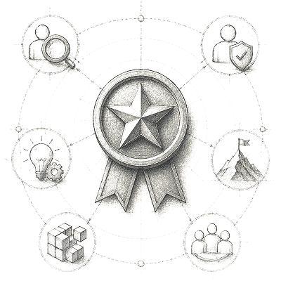 Ribbon medal with a star surrounded by icons of search, user, flag on mountain, team, blocks, and idea gear.