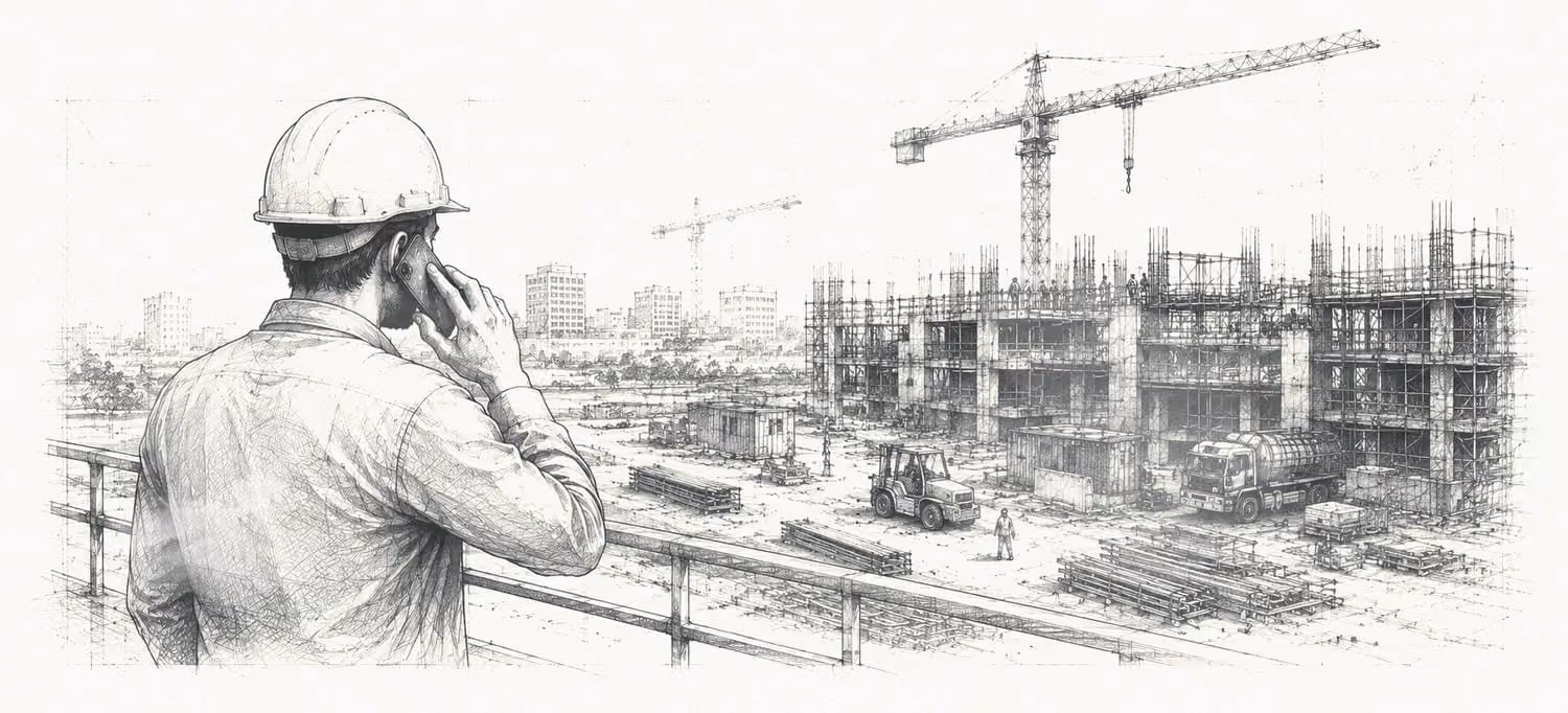 Sketch of a construction site with a worker in a hard hat talking on a phone and cranes in background.