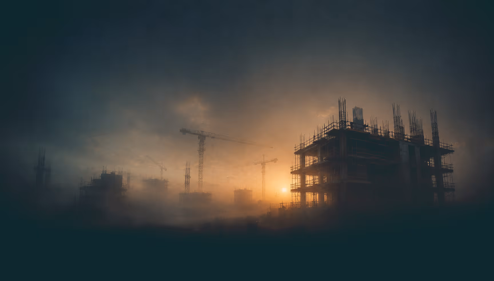 Silhouetted construction site with cranes and buildings at sunrise in foggy atmosphere.