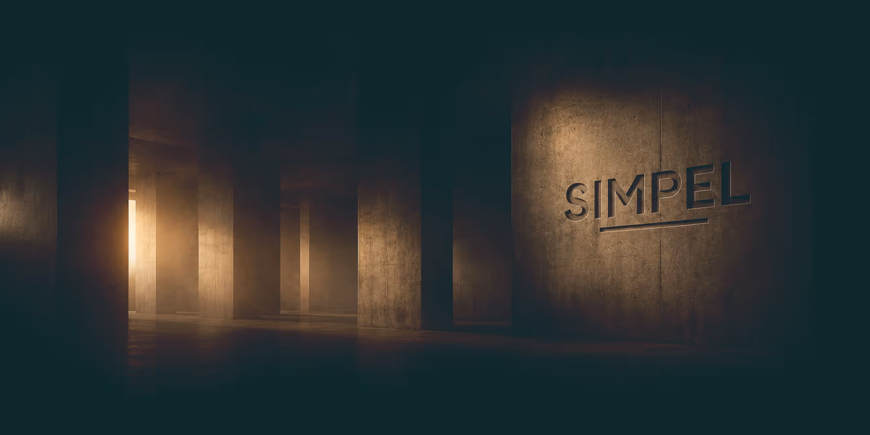 Dimly lit concrete corridor with the word 'SIMPEL' engraved on the wall illuminated by soft light.