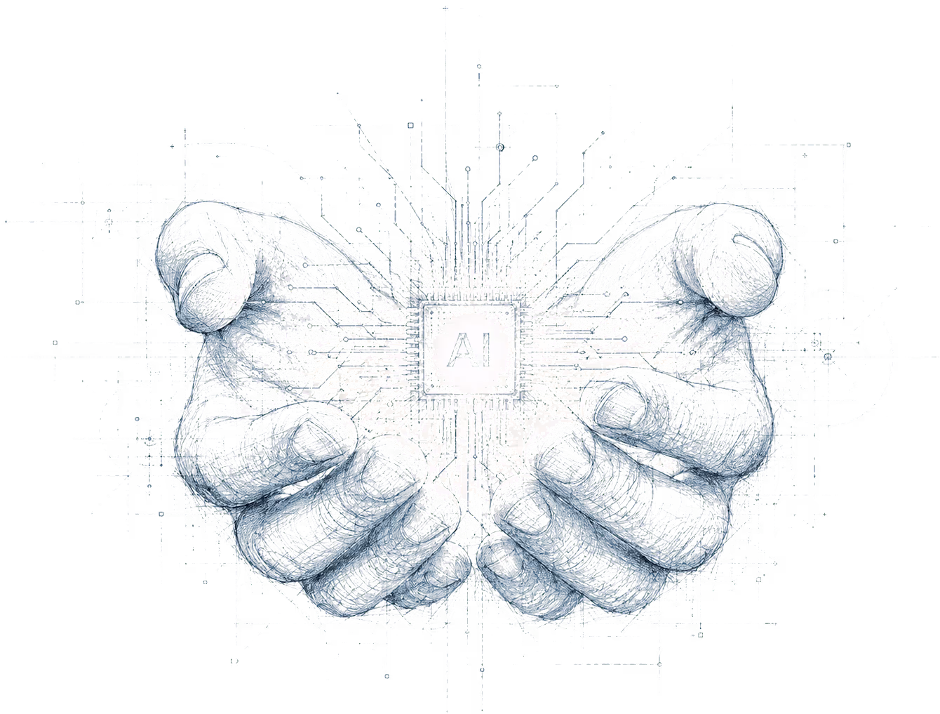 Sketch of two hands cupping a glowing AI chip with circuit lines extending outward.