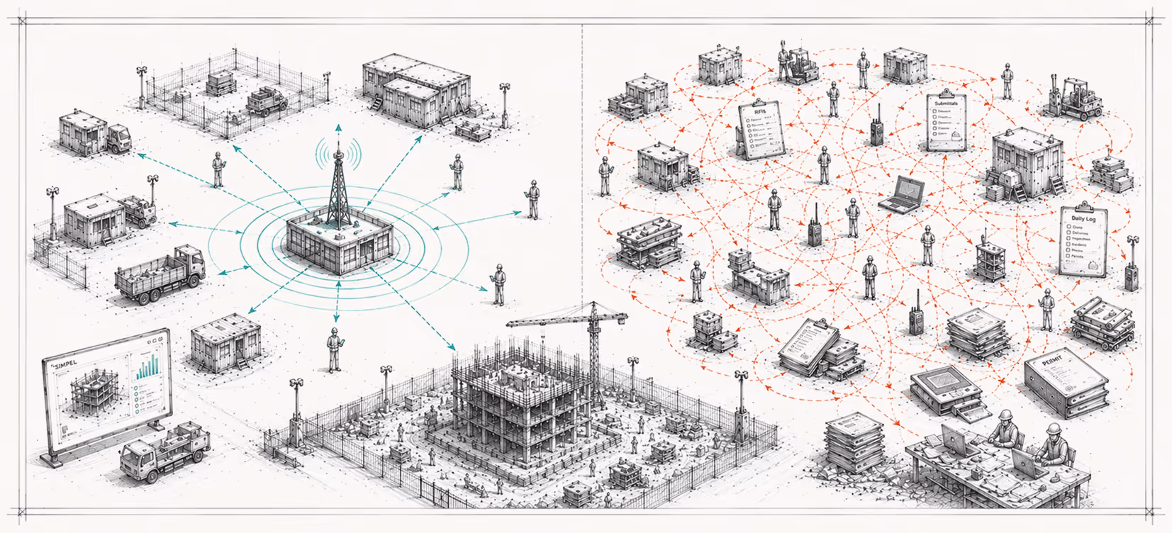 Illustration comparing centralized construction site data via tower to scattered paper documents and workers at desks.