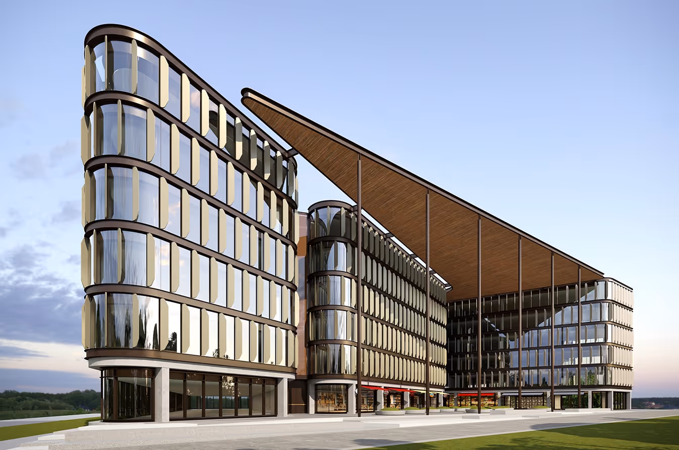 Modern building with curved glass facade and large angled roof supported by tall pillars.