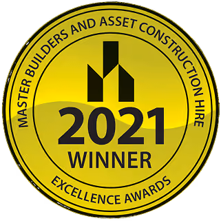 Gold circular badge for Master Builders and Asset Construction Hire 2021 Winner Excellence Awards.
