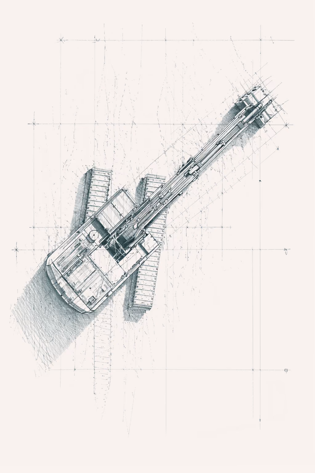 Technical drawing of a tracked crane seen from above, showing detailed mechanical parts.