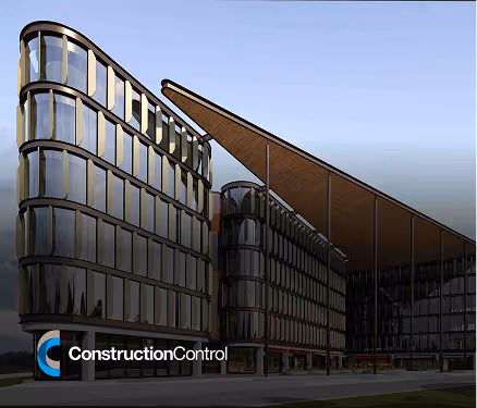 Modern glass building with rounded corners and a large angled wooden roof under clear sky.