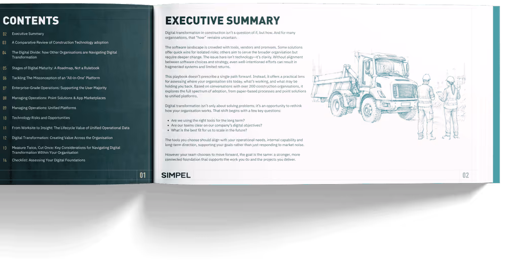 Open booklet showing contents page and executive summary with a sketch of a construction vehicle and workers.