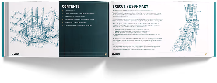 Open booklet with contents and executive summary pages, featuring construction sketches and text.