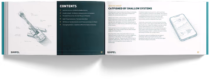 Open booklet showing table of contents and text about 'Catfished by Shallow Systems' with technical drawings.