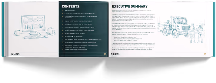 Open booklet showing contents list on left and executive summary with truck illustration on right.