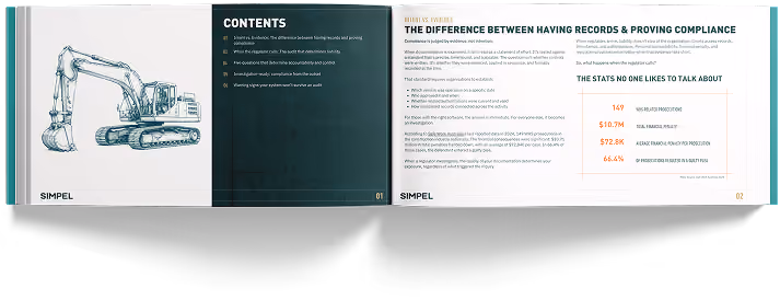 Two-page spread with excavator image, contents list, and text about records and proving compliance stats.