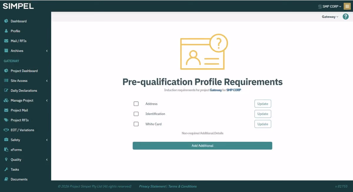 Pre-qualification Profile Requirements screen with checkboxes for address, ID, white card, and update buttons.