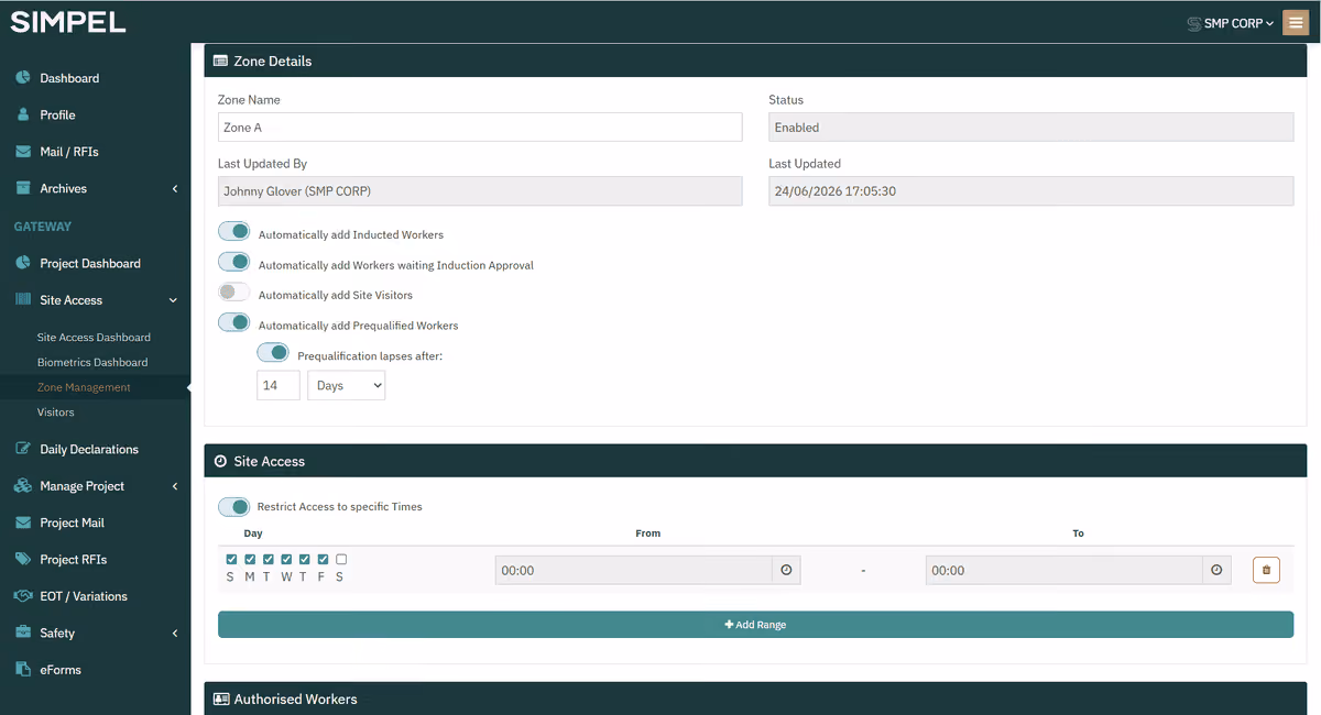 Simpel Zone Management screen showing Zone Details, Site Access settings with days and time range selection.