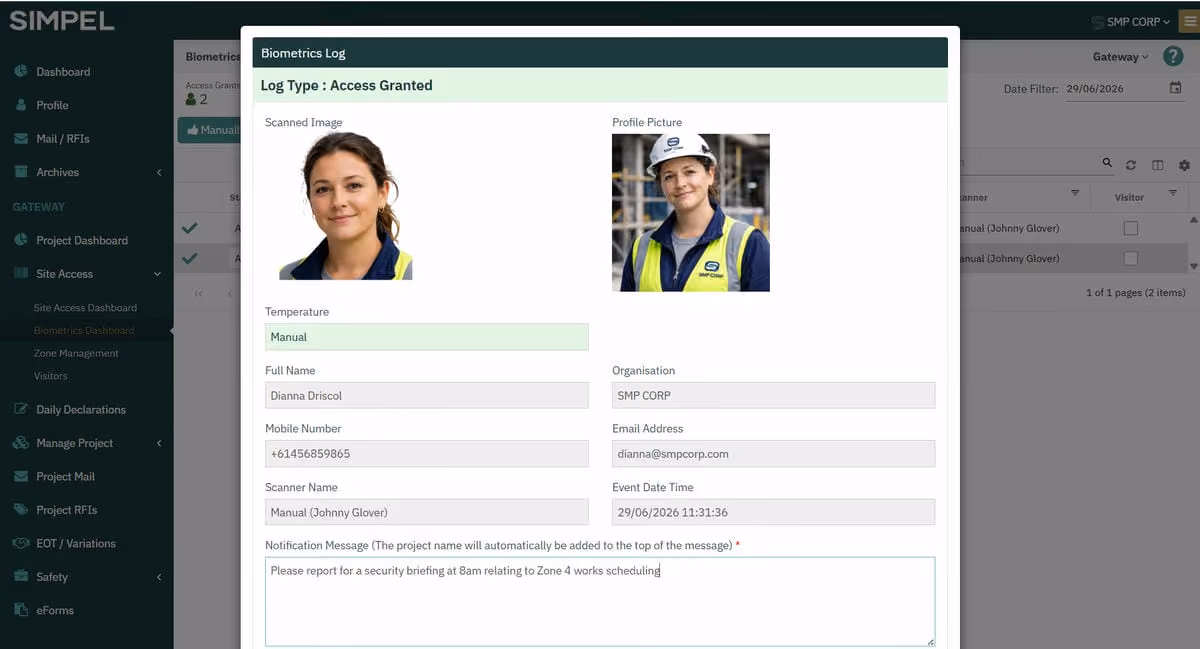 Biometrics log showing access granted for Dianna Drisol with scanned and profile images and contact details.