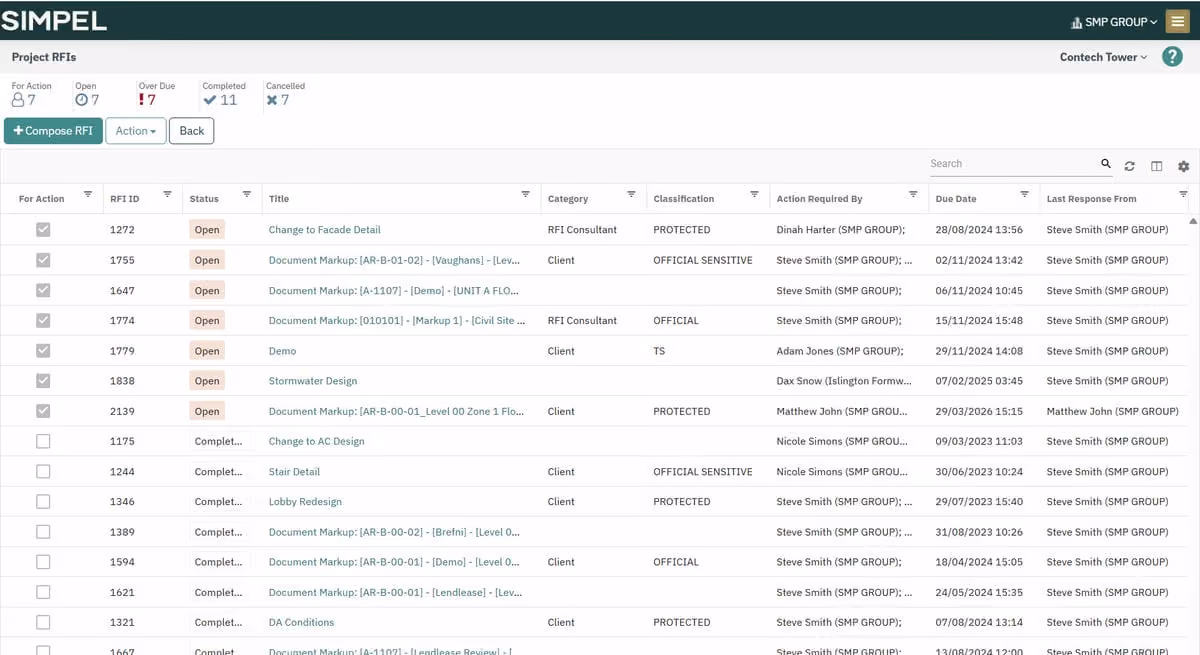 Simpel project RFIs dashboard showing list of RFIs with status, category, action required, due date, and last response.