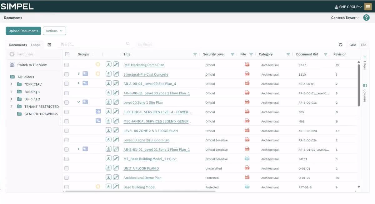 Document management web interface showing file list, folders, security levels, and actions on a desktop screen.