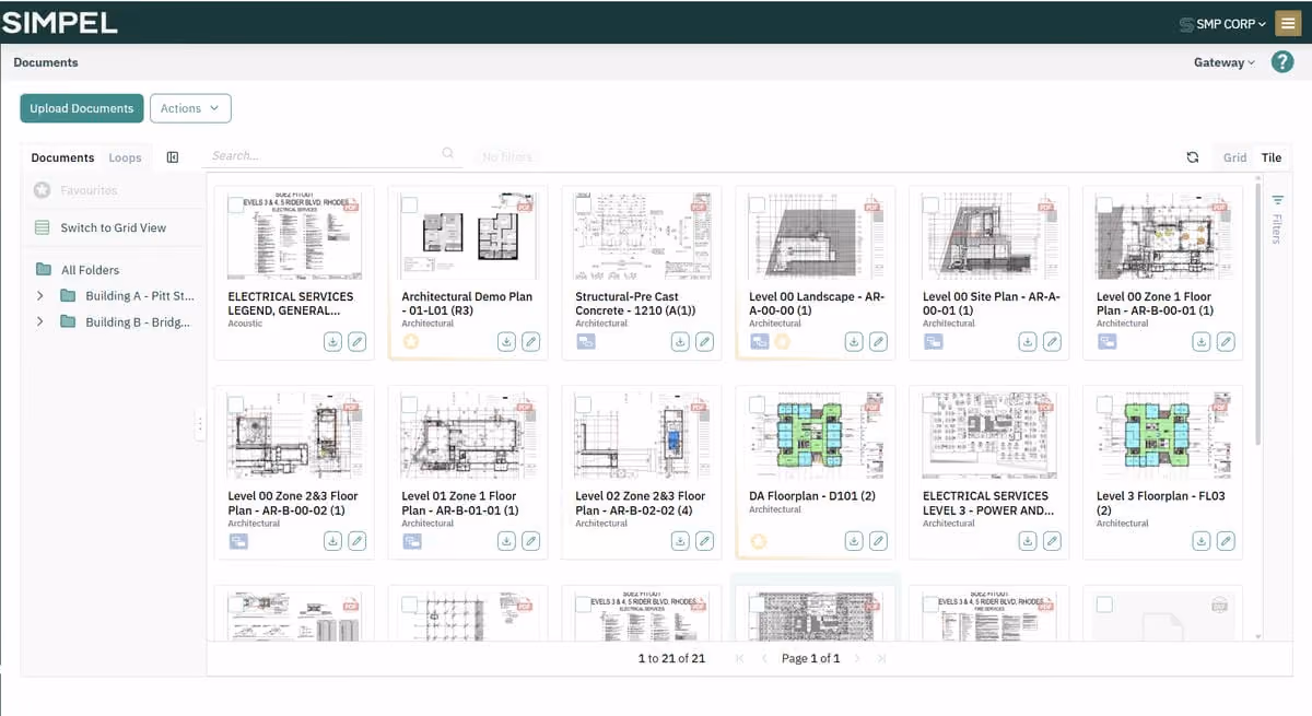 User interface showing architectural and construction documents organized in a digital folder system.