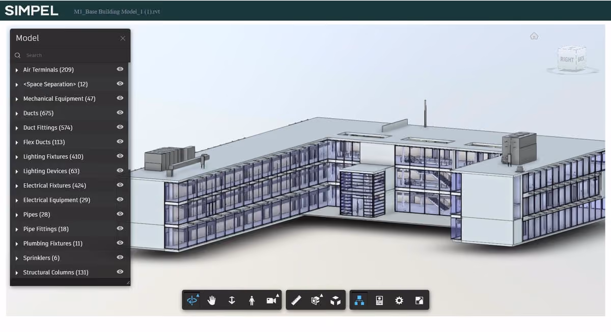 3D building model with a sidebar listing building components like ducts and lighting fixtures.