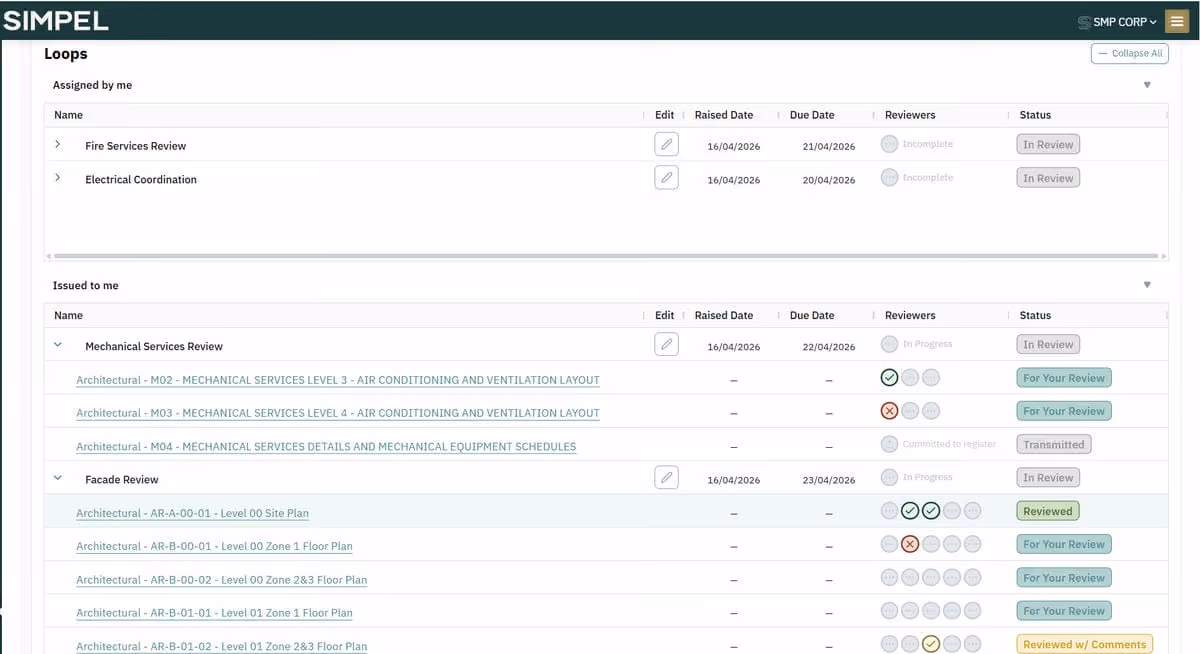 Simpel app interface showing task loops with review status, dates, and reviewers for mechanical and facade services.