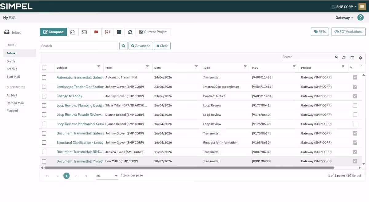 Email inbox list showing subjects, senders, dates, types, message IDs, and projects in a mail application.