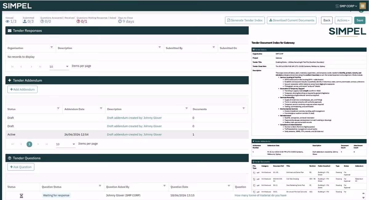 Dashboard of SIMPEL tender management showing tender responses, addendum, questions, and document index sections.