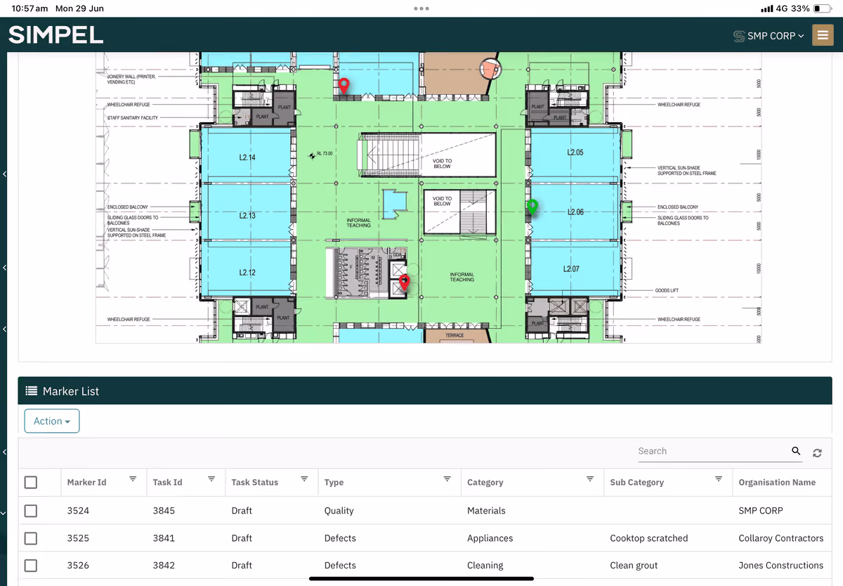 Digital building floor plan with markers and a task list showing quality and defect issues.