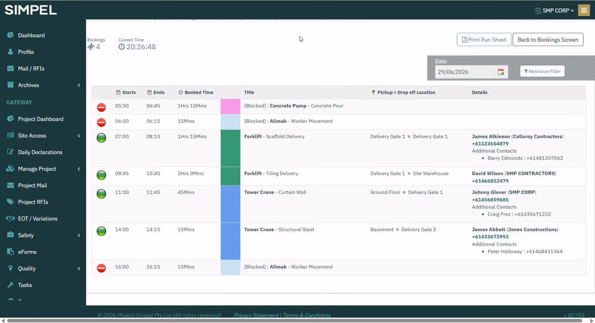 Simpel dashboard showing a run sheet with job bookings, times, titles, locations, and contact details for June 29, 2026.