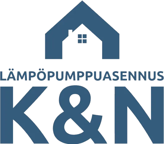 Sininen talonmuotoinen logo, jossa pieni ikkuna. Sen alla teksti 'LÄMPÖPUMPPUASENNUS' ja alimpana suuret kirjaimet 'K & N'.