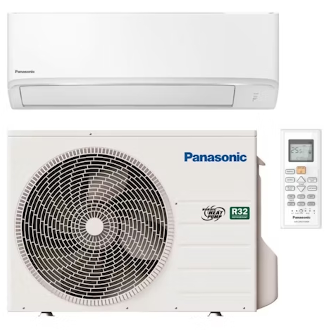 Valkoinen Panasonic-ilmalämpöpumppujärjestelmä, jossa on sisäyksikkö ylhäällä, ulkoyksikkö alhaalla ja kaukosäädin oikealla. Sisäyksikössä on Panasonic-logo. Ulkoyksikössä on suuri tuulettimen ritilä, sininen Panasonic-logo ja vihreä R32-merkintä. Kaukosäätimen näytöllä lukee "25.5".