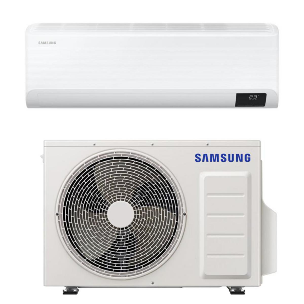 Valkoinen Samsung-ilmastointilaite, jossa on kaksi osaa valkoista taustaa vasten. Ylempi on sisäyksikkö, jossa on Samsung-logo ja näyttö, joka näyttää numeron 23. Alempi on ulkoyksikkö, jossa on tuulettimen ritilä ja sininen Samsung-logo.