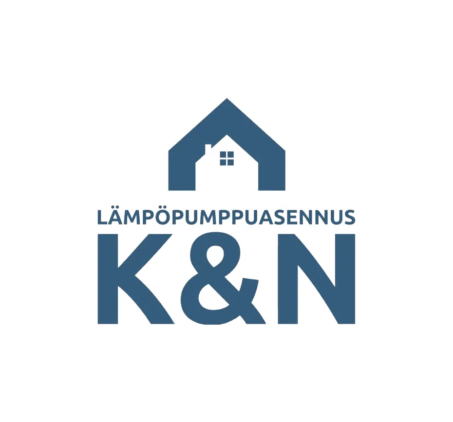 Logossa sinivihreä talon siluetti, jonka sisällä valkoinen talon ääriviiva kahdella ikkunalla. Sen alla teksti 'LÄMPÖPUMPPUASENNUS' ja suuret kirjaimet 'K&N'. Kaikki elementit ovat sinivihreitä valkoisella taustalla.