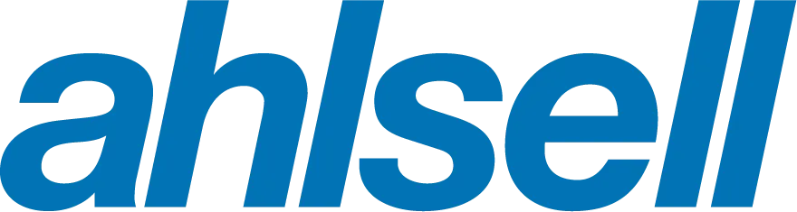 Sininen Ahlsel-logo mustalla taustalla.
