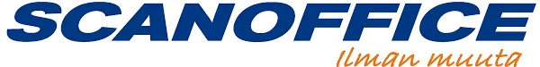 Sininen SCANOFFICE-logo, jonka alla on oranssinruskea, kursivoitu teksti "ilman muuta".