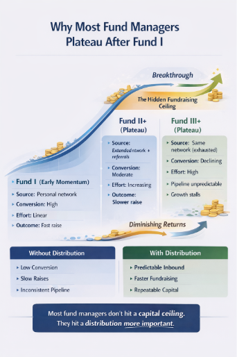 Infographic showing why fund managers struggle after Fund I, illustrating fundraising plateau, diminishing returns, and how distribution systems enable scalable capital raising