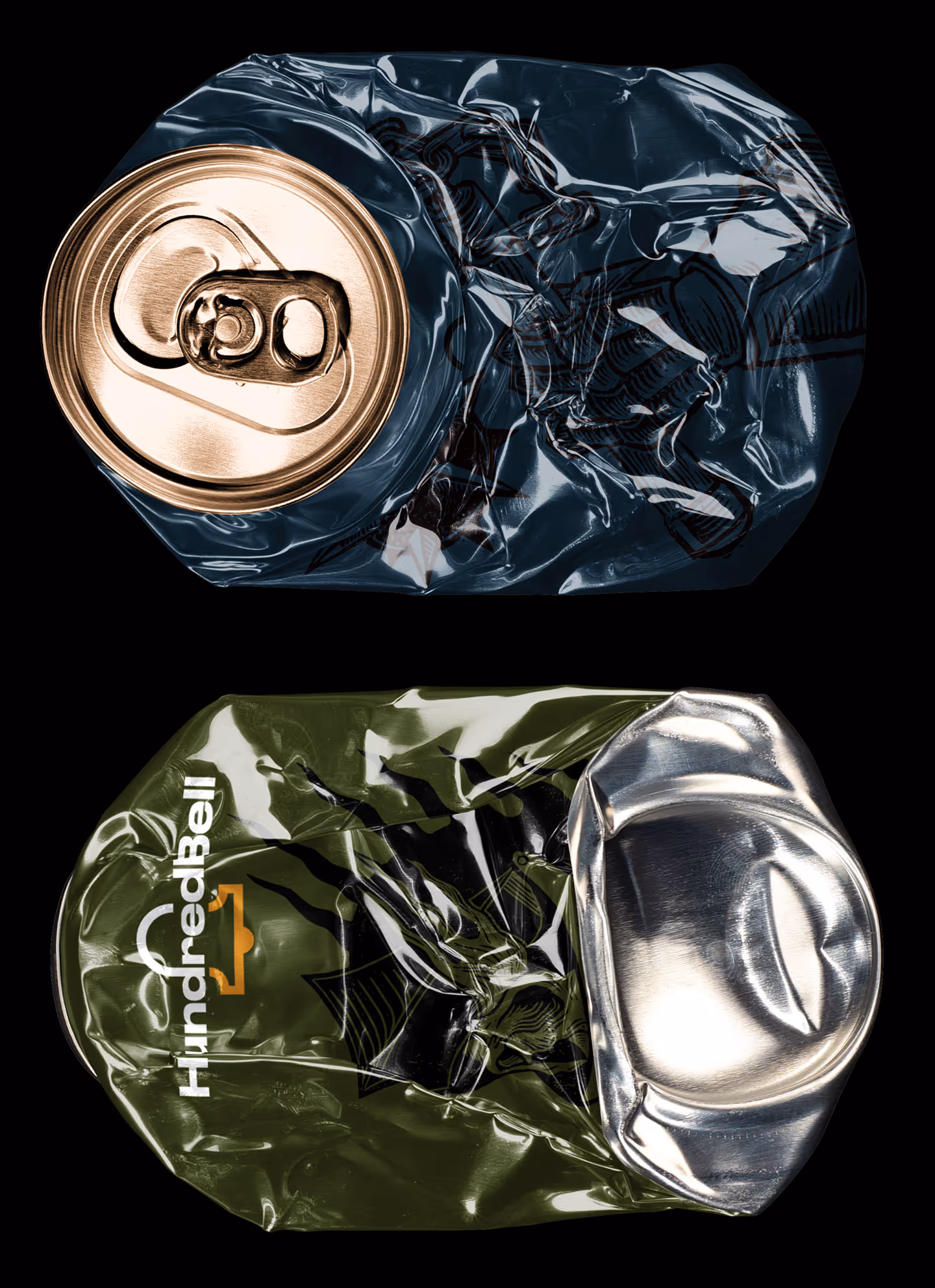 Two crushed beverage cans on black, one with gold top and one green with 'HundredBell' text.