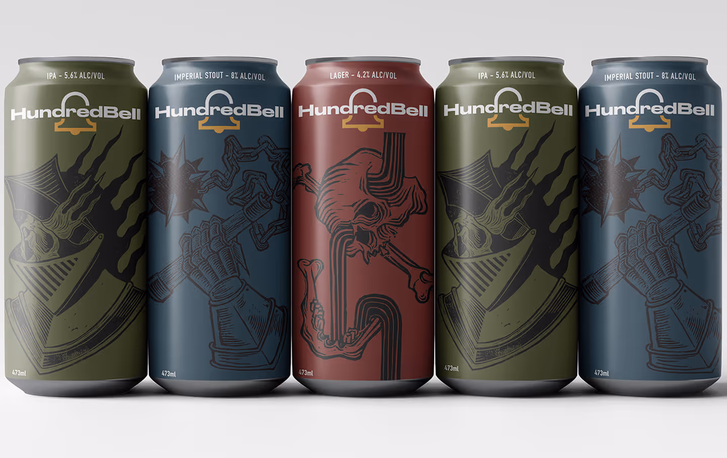 Five HundredBell beer cans with medieval-themed designs in green, blue, and red colors. (unblast.com)