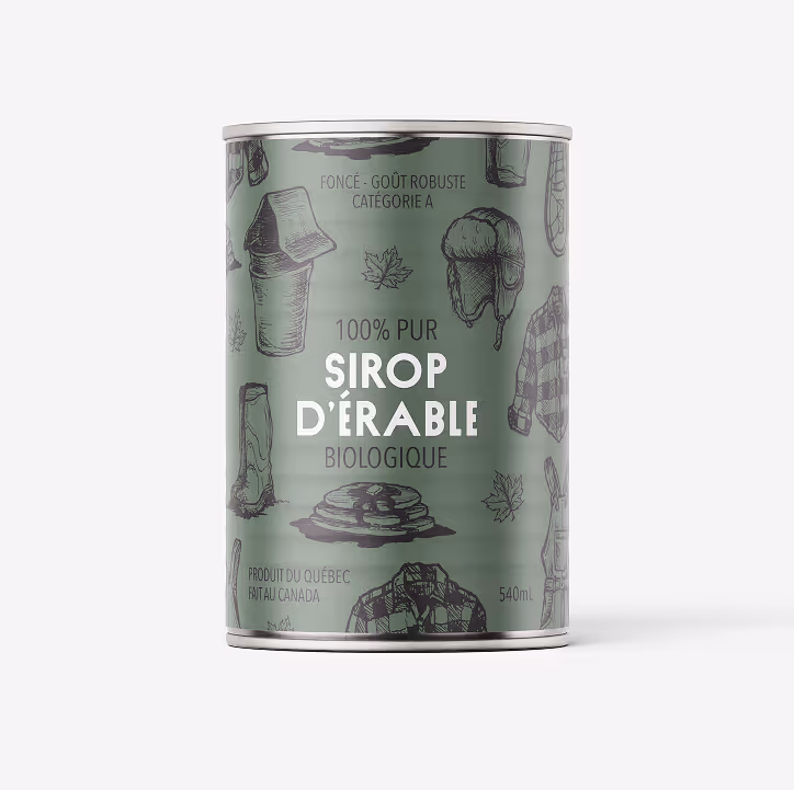 Green can of 100% pure organic maple syrup with winter clothing and maple leaf sketches.
