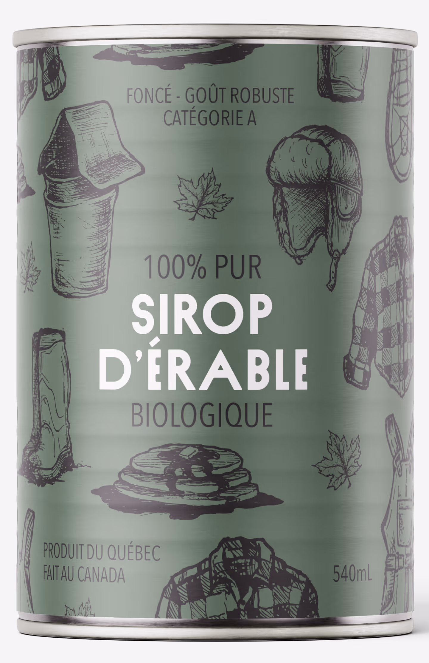 Green can of 100% pure organic Quebec maple syrup with illustrated Canadian items and 540mL volume.