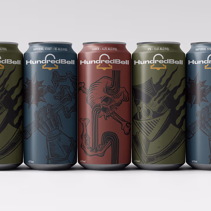 Five HundredBell beer cans with dark artistic designs and different alcohol levels displayed in a row. (unblast.com)