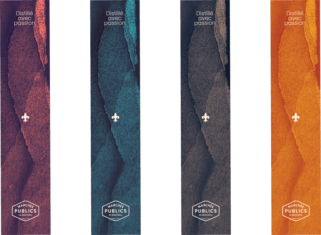 Four vertical banners with textured patterns, text 'Distillé avec passion' and 'Marchés Publics de Montréal' logo.