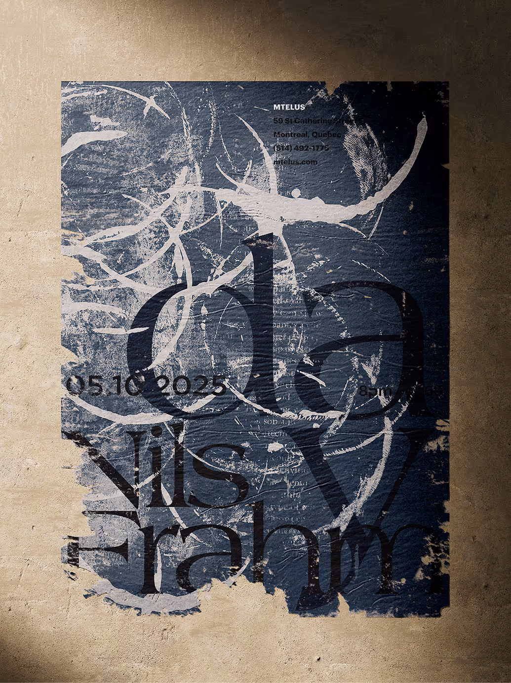 Worn dark poster with abstract white brush strokes and large black stylized text on a beige wall. (unblast.com)
