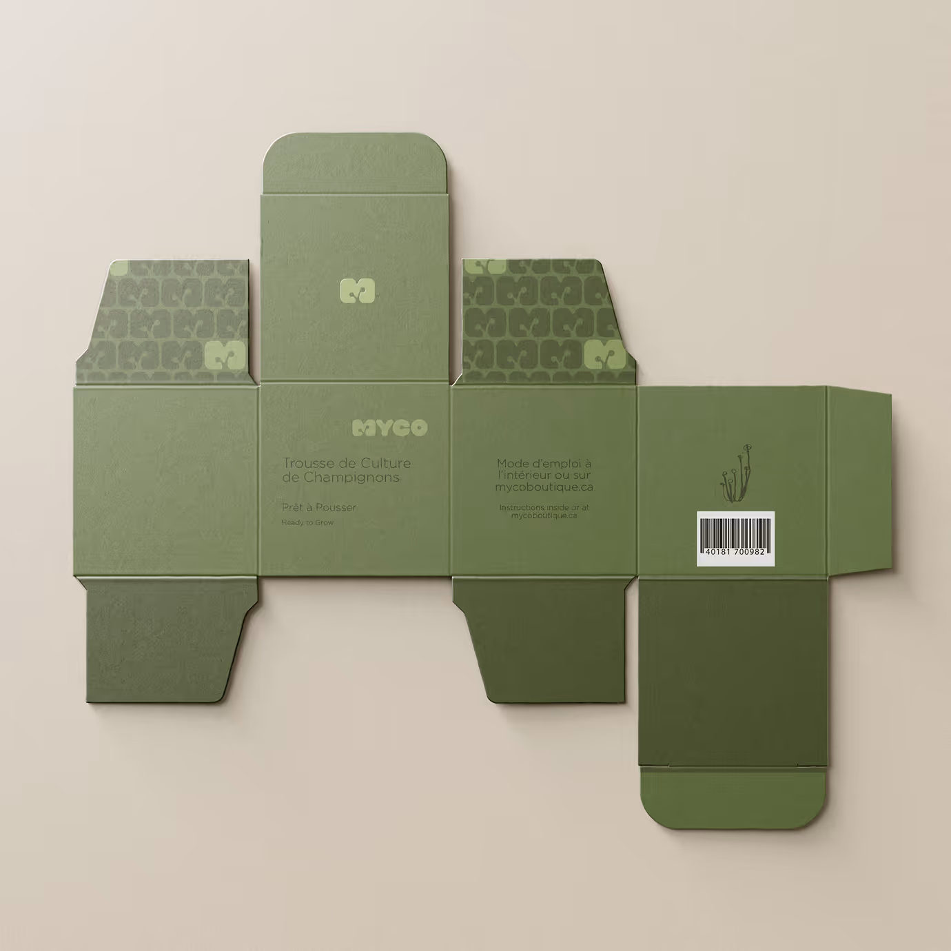 Unfolded green Myco mushroom growing kit packaging with French text and barcode on a beige background. (mockups-design.com)